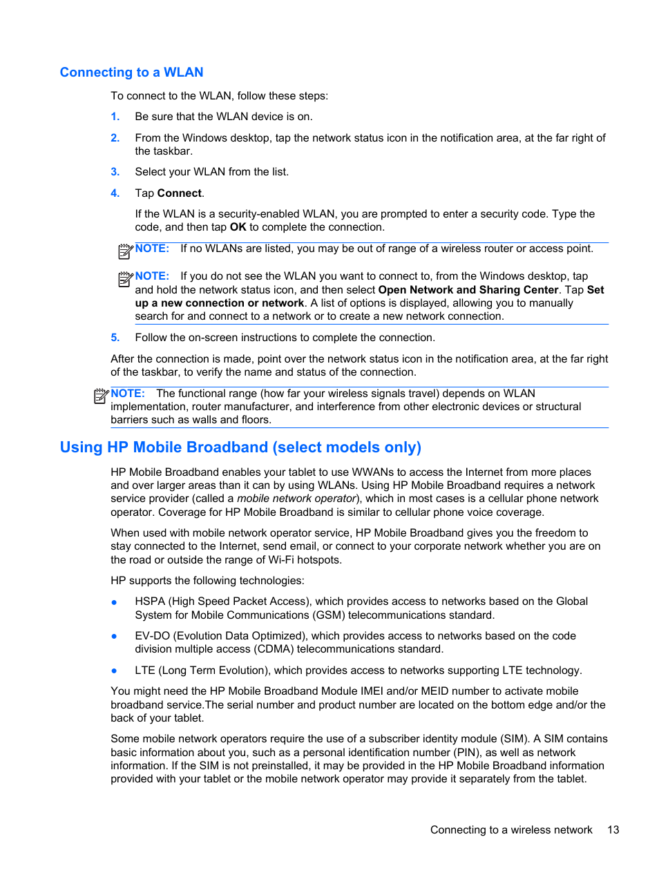 Connecting to a wlan, Using hp mobile broadband (select models only) | HP Omni 10 5610 Tablet User Manual | Page 21 / 49