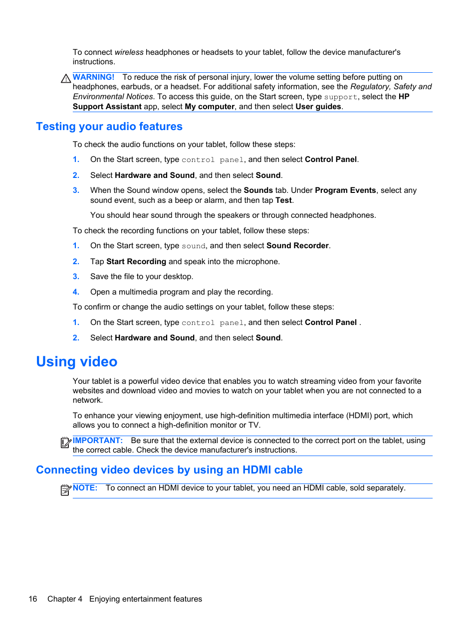 Testing your audio features, Using video, Connecting video devices by using an hdmi cable | Connecting video | HP Omni 10 5610 Tablet User Manual | Page 24 / 49