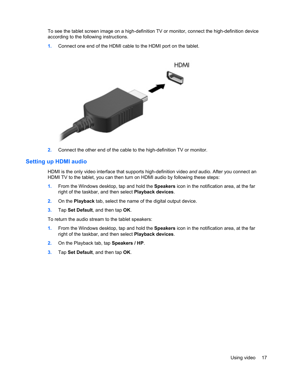 Setting up hdmi audio, Setting up | HP Omni 10 5610 Tablet User Manual | Page 25 / 49