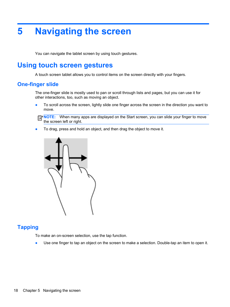 Navigating the screen, Using touch screen gestures, One-finger slide | Tapping, 5 navigating the screen, One-finger slide tapping, 5navigating the screen | HP Omni 10 5610 Tablet User Manual | Page 26 / 49