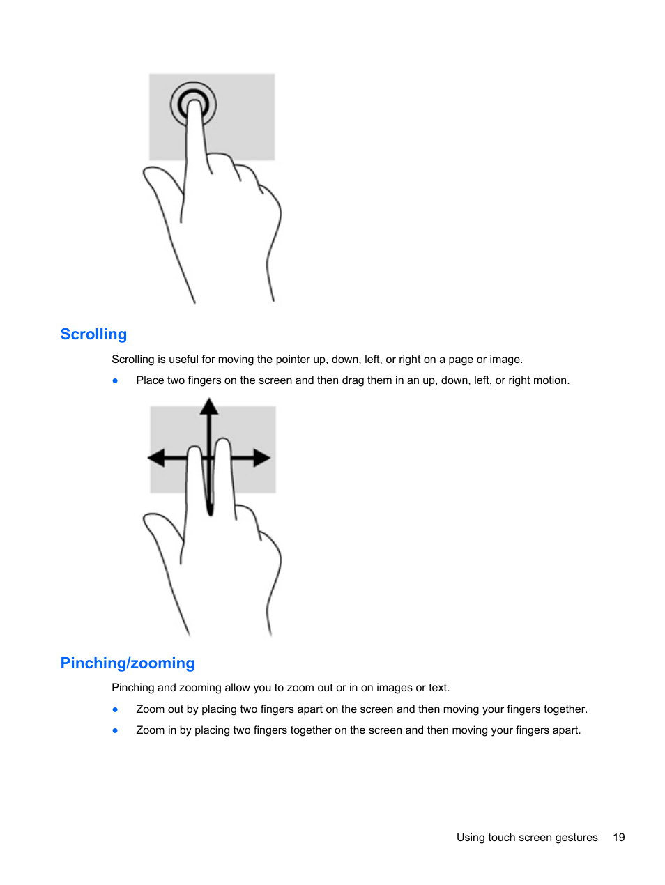Scrolling, Pinching/zooming, Scrolling pinching/zooming | HP Omni 10 5610 Tablet User Manual | Page 27 / 49