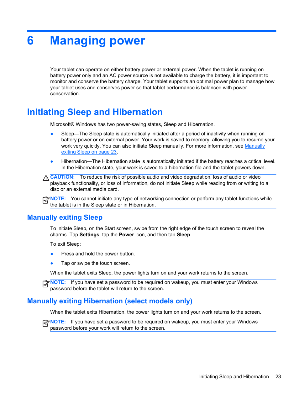 Managing power, Initiating sleep and hibernation, Manually exiting sleep | Manually exiting hibernation (select models only), 6 managing power, 6managing power | HP Omni 10 5610 Tablet User Manual | Page 31 / 49