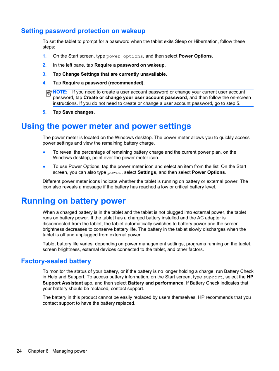 Setting password protection on wakeup, Using the power meter and power settings, Running on battery power | Factory-sealed battery | HP Omni 10 5610 Tablet User Manual | Page 32 / 49