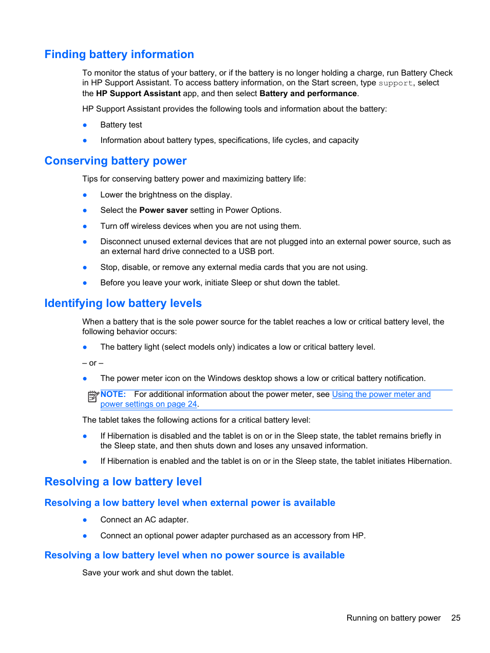 Finding battery information, Conserving battery power, Identifying low battery levels | Resolving a low battery level | HP Omni 10 5610 Tablet User Manual | Page 33 / 49