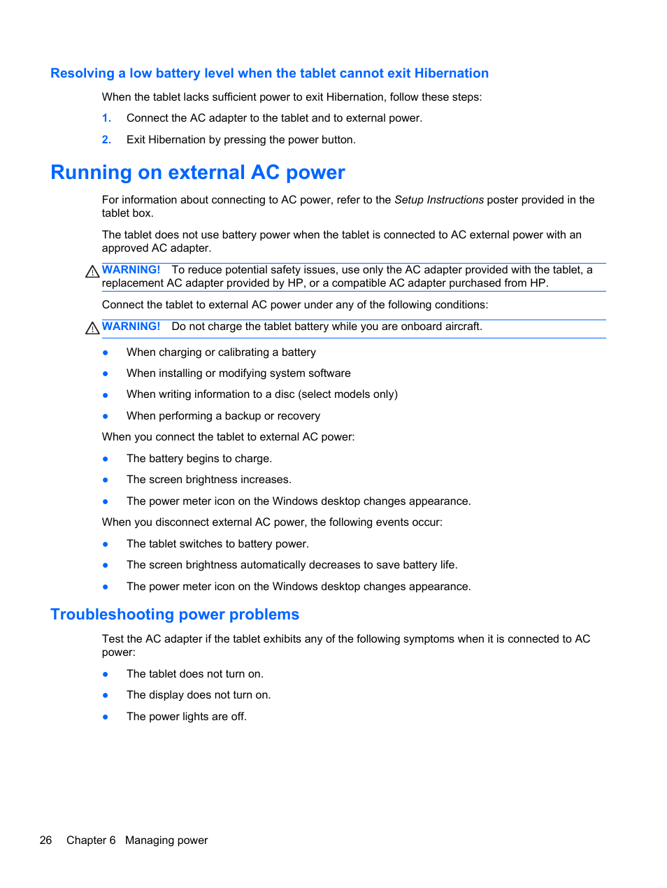 Running on external ac power, Troubleshooting power problems | HP Omni 10 5610 Tablet User Manual | Page 34 / 49