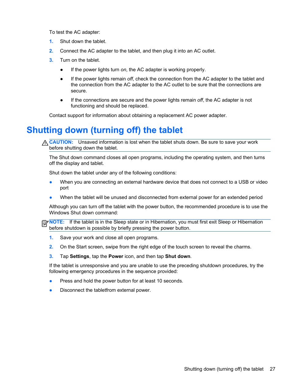 Shutting down (turning off) the tablet | HP Omni 10 5610 Tablet User Manual | Page 35 / 49