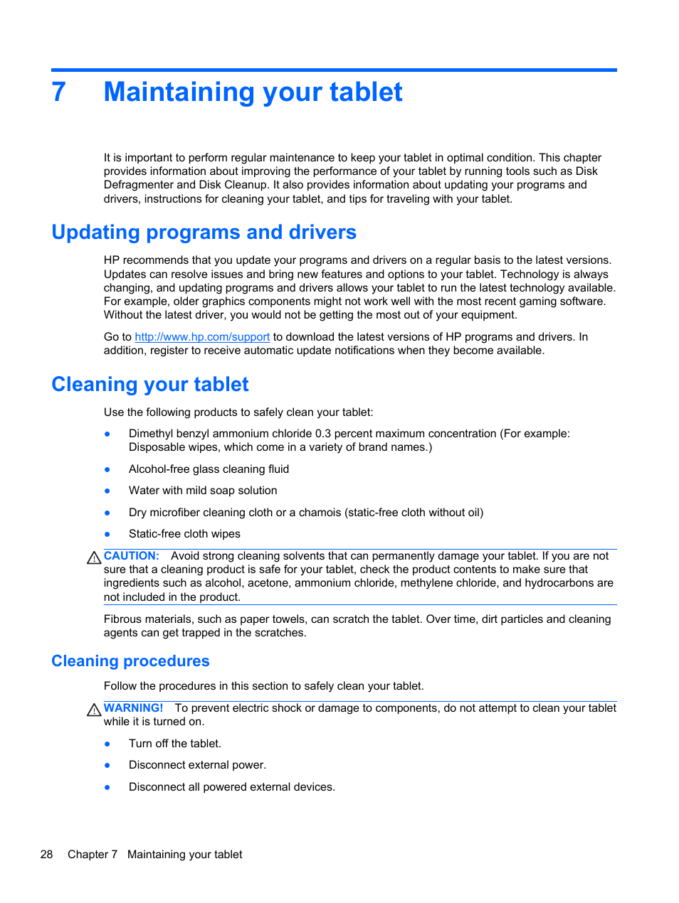 Maintaining your tablet, Updating programs and drivers, Cleaning your tablet | Cleaning procedures, 7 maintaining your tablet, 7maintaining your tablet | HP Omni 10 5610 Tablet User Manual | Page 36 / 49