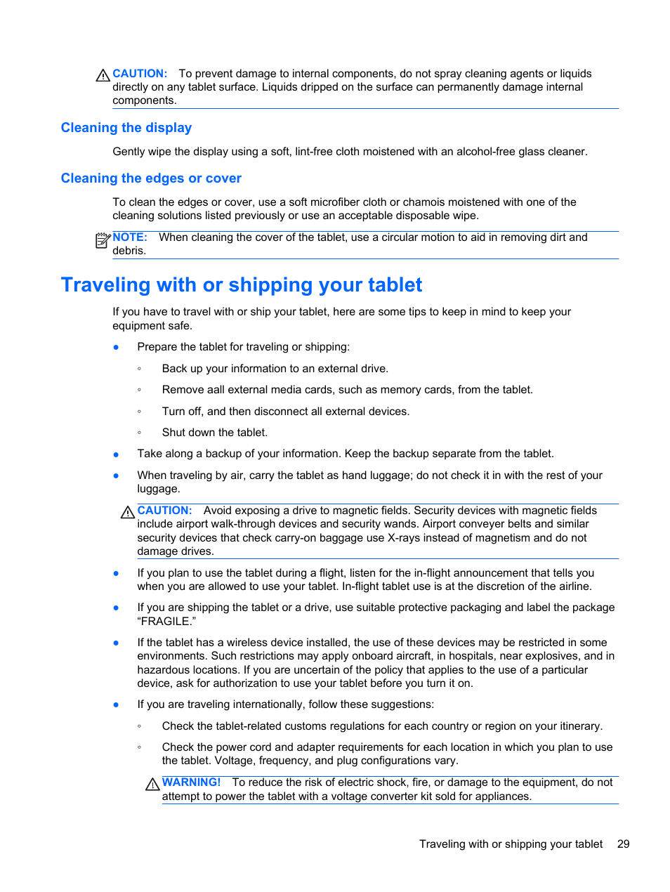 Cleaning the display, Cleaning the edges or cover, Traveling with or shipping your tablet | Cleaning the display cleaning the edges or cover | HP Omni 10 5610 Tablet User Manual | Page 37 / 49