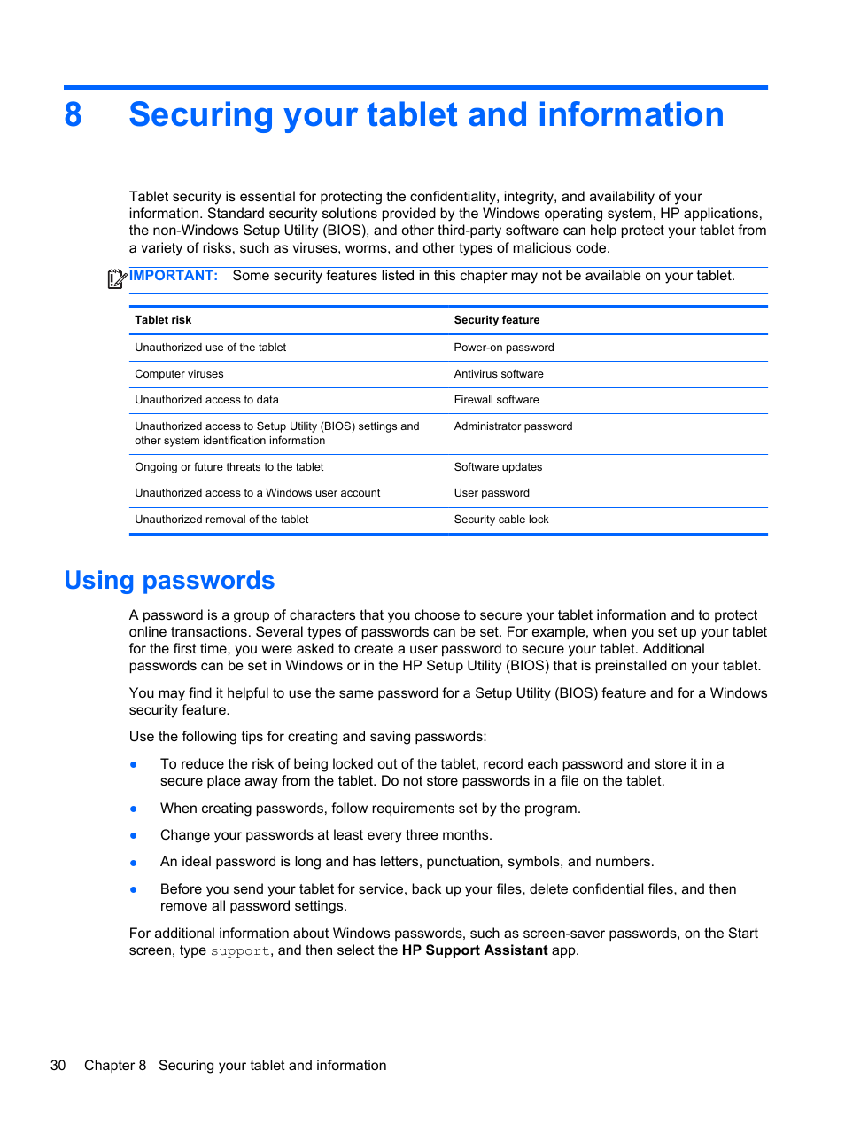 Securing your tablet and information, Using passwords, 8 securing your tablet and information | 8securing your tablet and information | HP Omni 10 5610 Tablet User Manual | Page 38 / 49