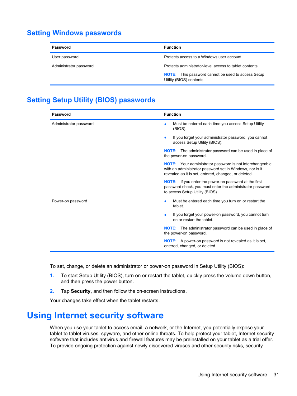 Setting windows passwords, Setting setup utility (bios) passwords, Using internet security software | HP Omni 10 5610 Tablet User Manual | Page 39 / 49