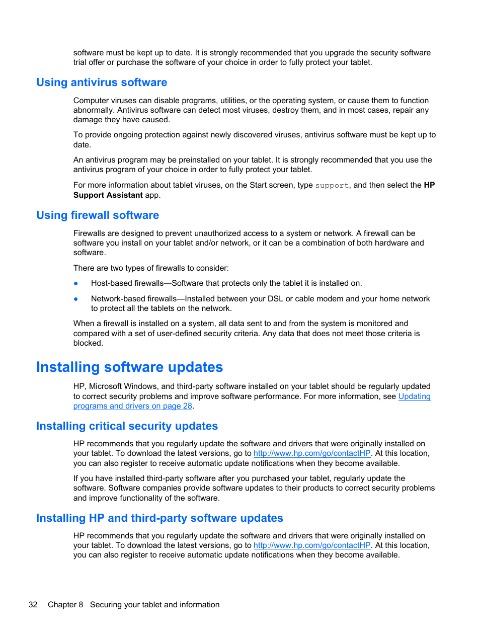 Using antivirus software, Using firewall software, Installing software updates | Installing critical security updates, Installing hp and third-party software updates, Using antivirus software using firewall software | HP Omni 10 5610 Tablet User Manual | Page 40 / 49