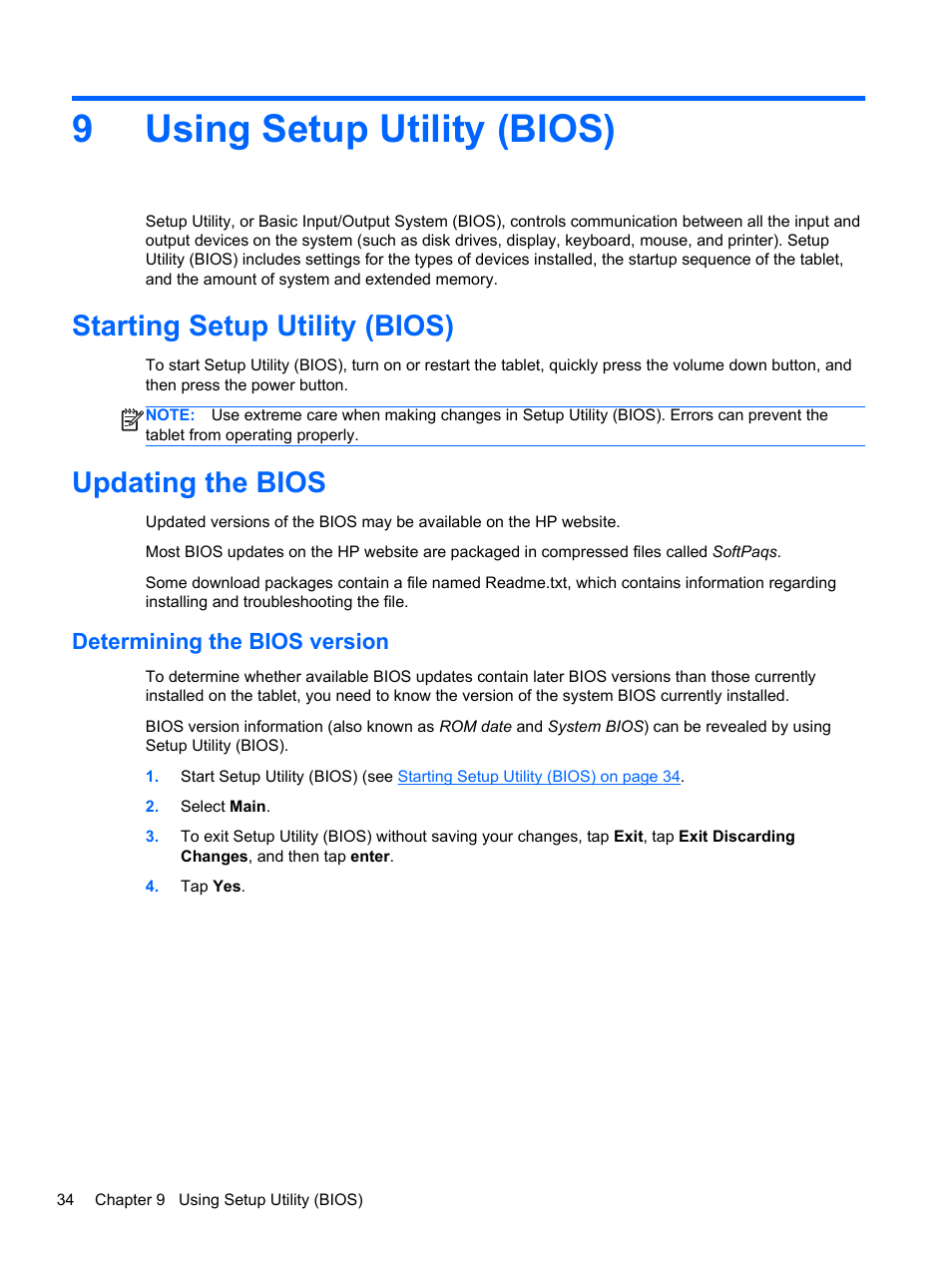 Using setup utility (bios), Starting setup utility (bios), Updating the bios | Determining the bios version, 9 using setup utility (bios), Starting setup utility (bios) updating the bios, 9using setup utility (bios) | HP Omni 10 5610 Tablet User Manual | Page 42 / 49