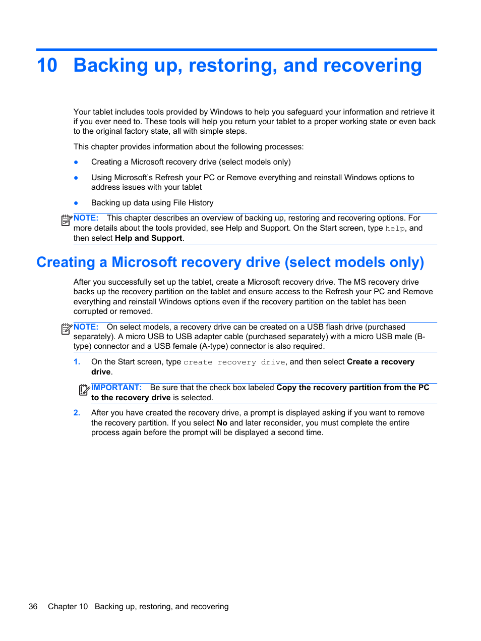 Backing up, restoring, and recovering, 10 backing up, restoring, and recovering | HP Omni 10 5610 Tablet User Manual | Page 44 / 49