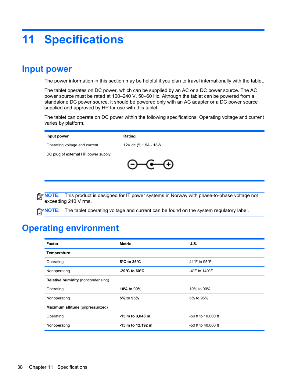 Specifications, Input power, Operating environment | 11 specifications, Input power operating environment | HP Omni 10 5610 Tablet User Manual | Page 46 / 49