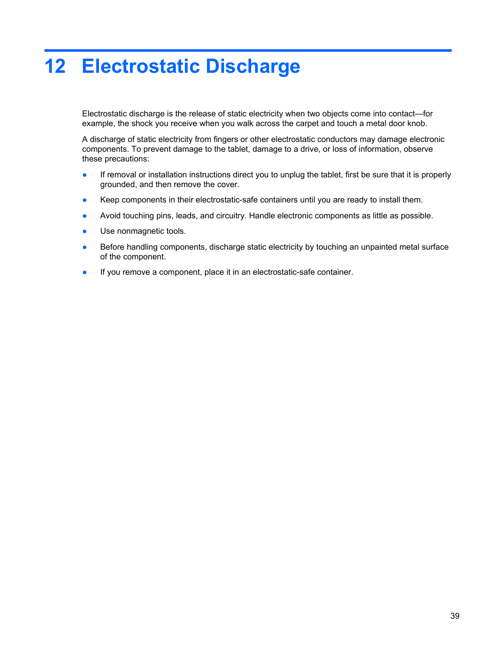 Electrostatic discharge, 12 electrostatic discharge | HP Omni 10 5610 Tablet User Manual | Page 47 / 49