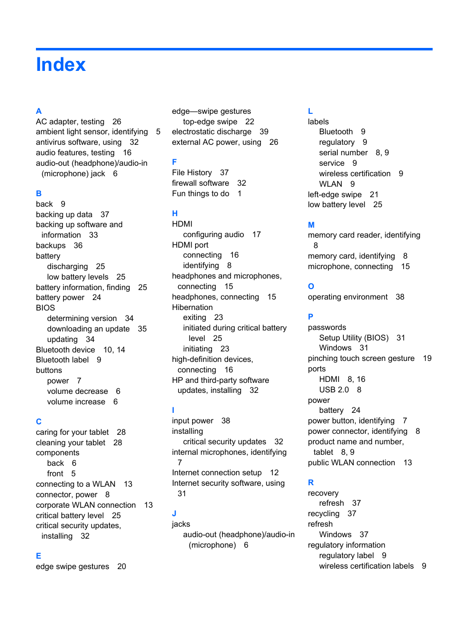 Index | HP Omni 10 5610 Tablet User Manual | Page 48 / 49