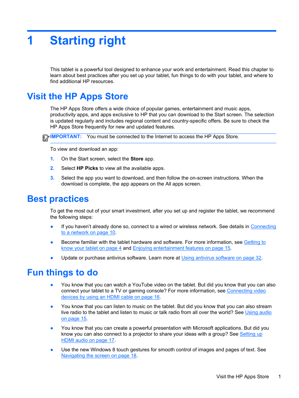 Starting right, Visit the hp apps store, Best practices | Fun things to do, 1 starting right, 1starting right | HP Omni 10 5610 Tablet User Manual | Page 9 / 49