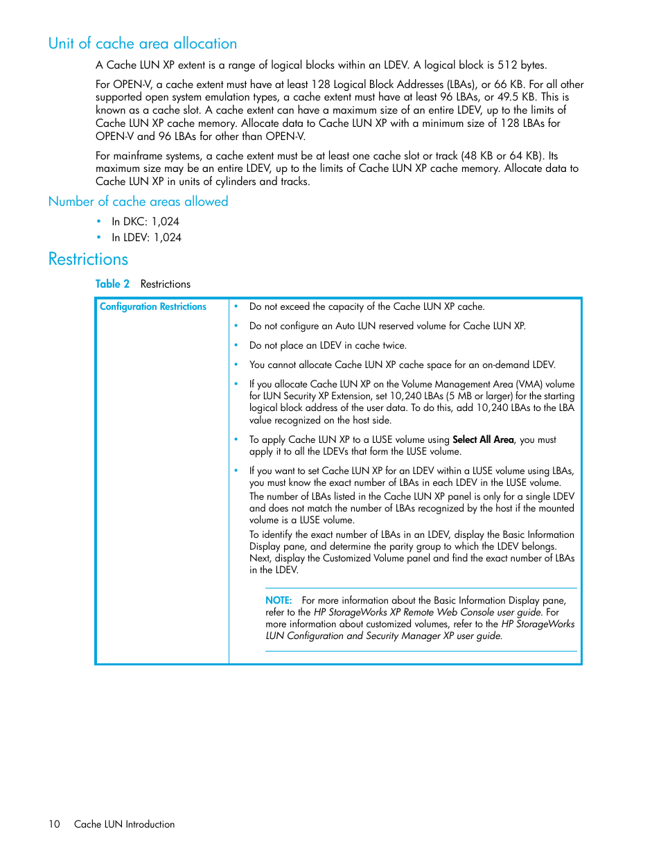 Unit of cache area allocation, Number of cache areas allowed, Restrictions | Table 2 restrictions | HP XP Cache LUN Software User Manual | Page 10 / 28