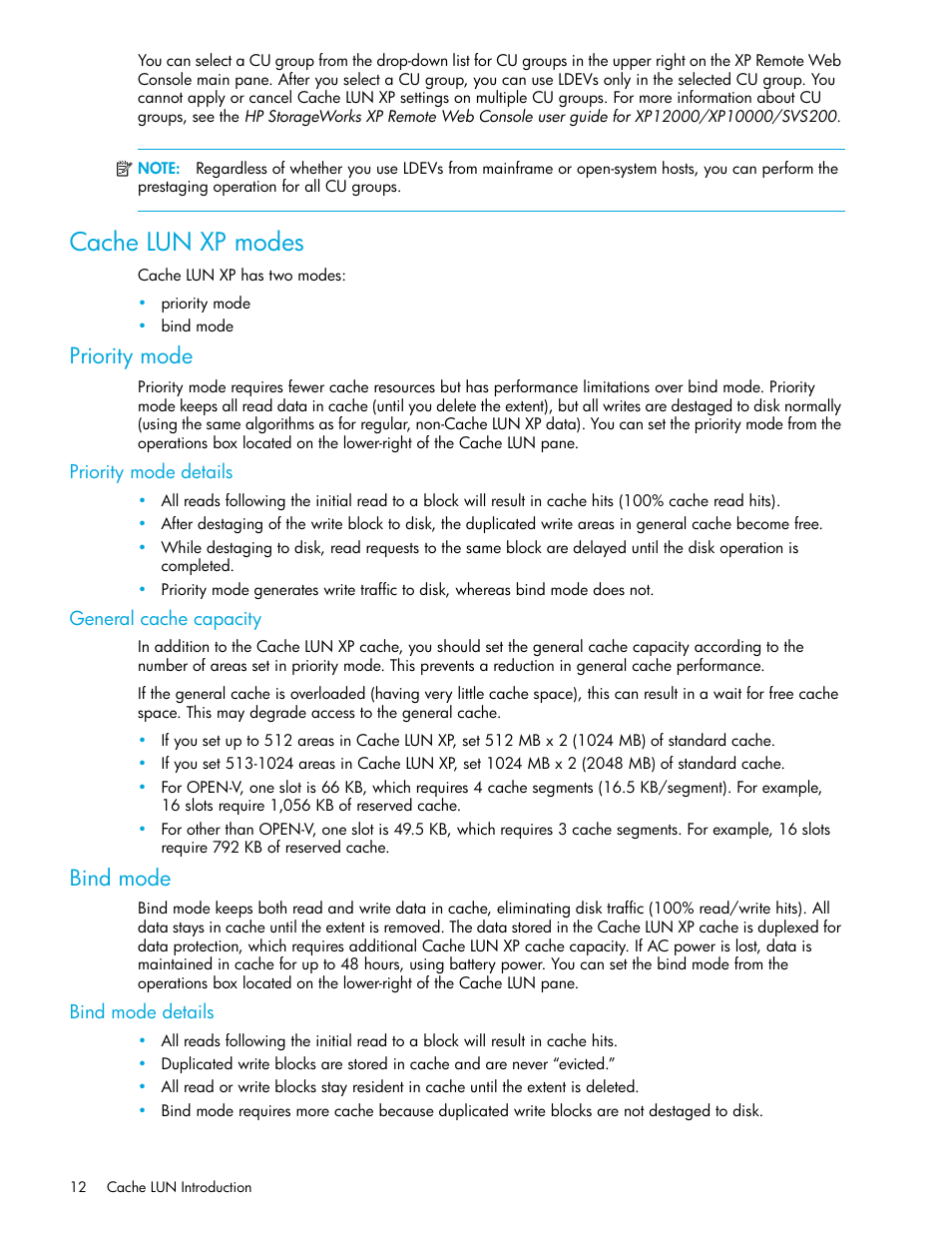 Cache lun xp modes, Priority mode, Priority mode details | General cache capacity, Bind mode, Bind mode details, Priority mode details general cache capacity | HP XP Cache LUN Software User Manual | Page 12 / 28