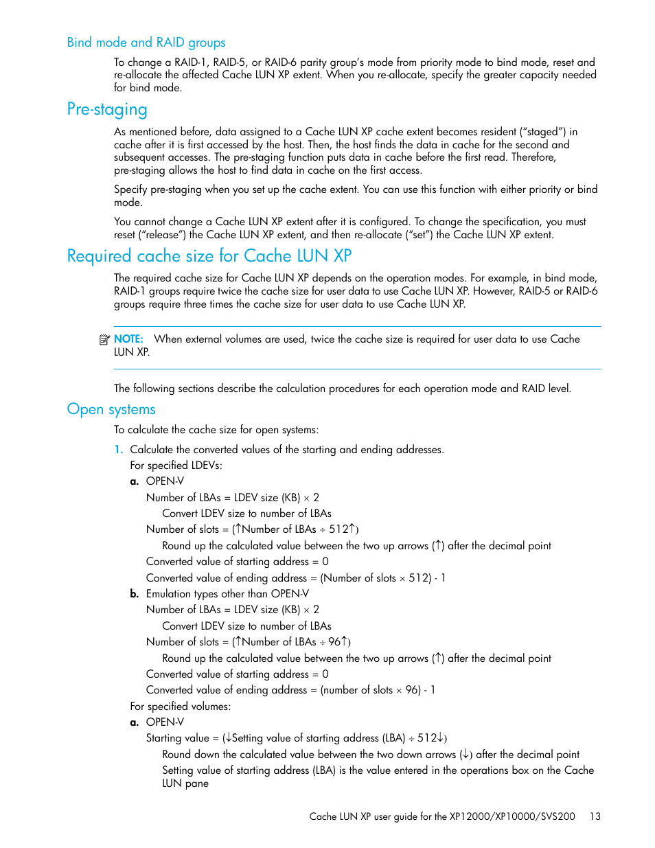 Bind mode and raid groups, Pre-staging, Required cache size for cache lun xp | Open systems, Pre-staging required cache size for cache lun xp | HP XP Cache LUN Software User Manual | Page 13 / 28