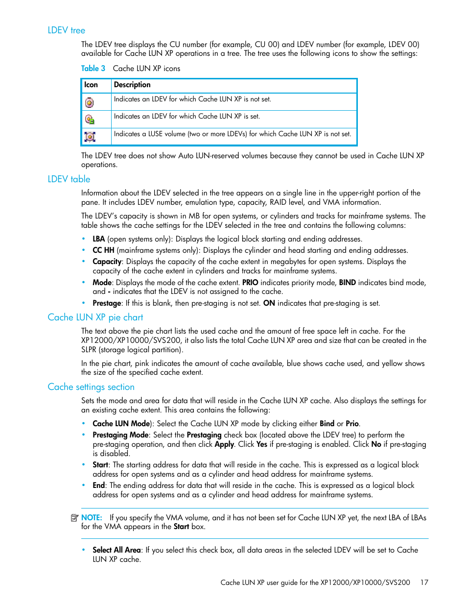 Ldev tree, Table 3 cache lun xp icons, Ldev table | Cache lun xp pie chart, Cache settings section | HP XP Cache LUN Software User Manual | Page 17 / 28