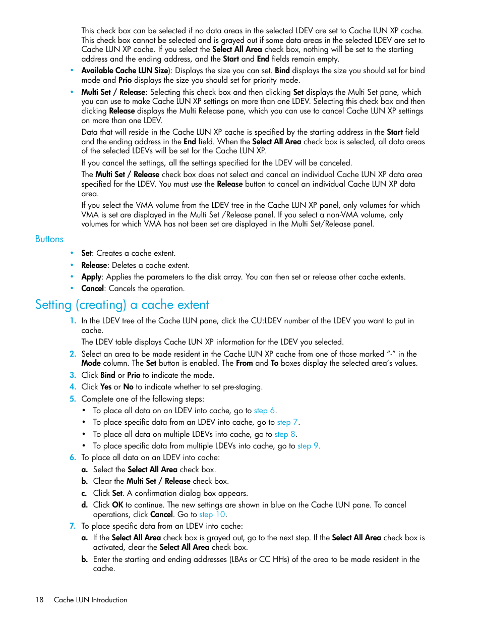 Buttons, Setting (creating) a cache extent | HP XP Cache LUN Software User Manual | Page 18 / 28