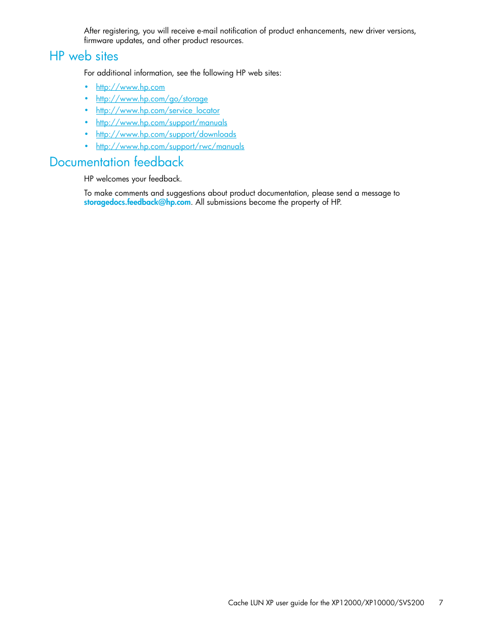 Hp web sites, Documentation feedback, Hp web sites documentation feedback | HP XP Cache LUN Software User Manual | Page 7 / 28