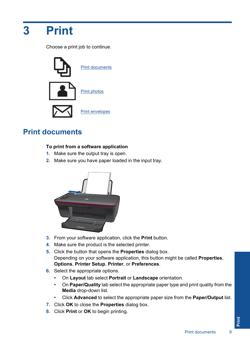 Print, Print documents, 3 print | 3print | HP Deskjet 2050 User Manual | Page 11 / 54