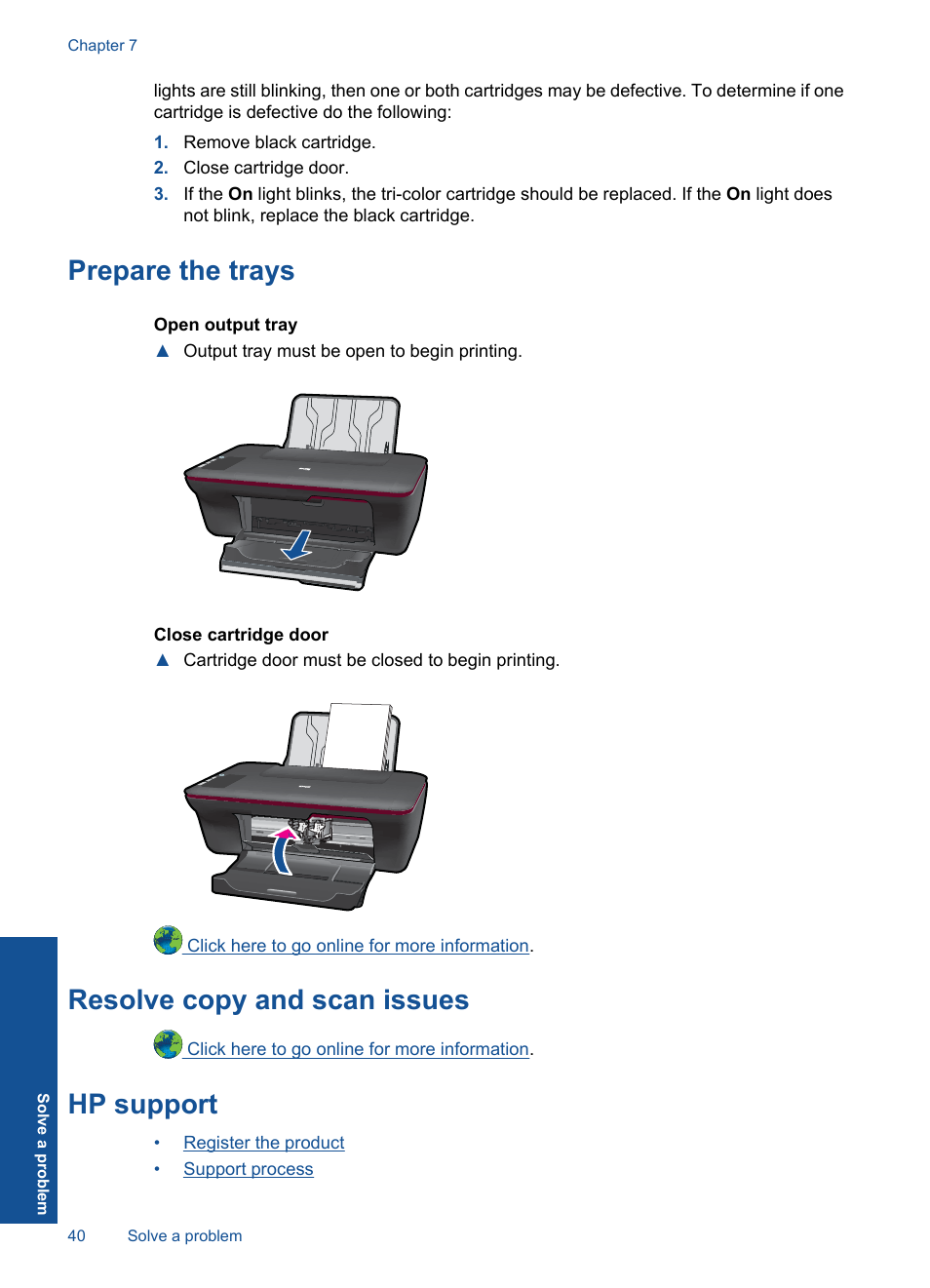 Hp support, Prepare the trays, Resolve copy and scan issues | HP Deskjet 2050 User Manual | Page 42 / 54