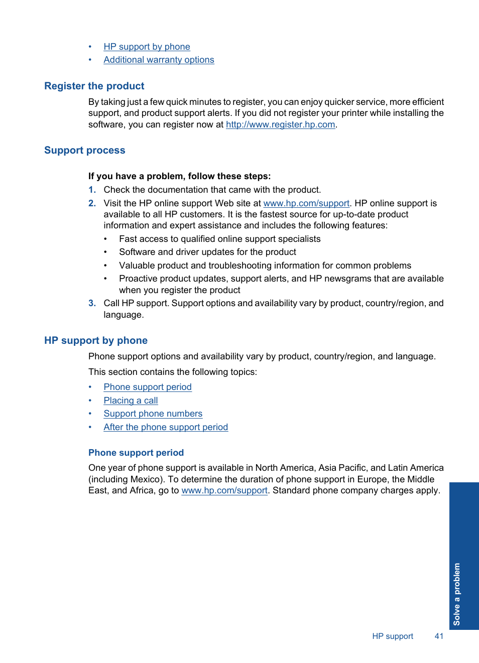 Register the product, Support process, Hp support by phone | Phone support period | HP Deskjet 2050 User Manual | Page 43 / 54