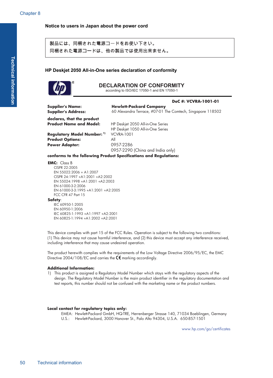 Notice to users in japan about the power cord, Declaration of conformity | HP Deskjet 2050 User Manual | Page 52 / 54
