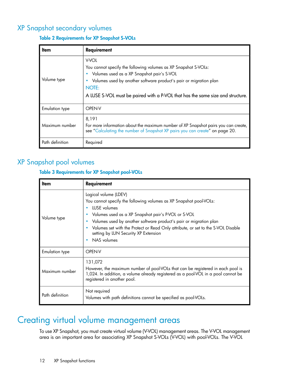 Xp snapshot secondary volumes, Xp snapshot pool volumes, Creating virtual volume management areas | 12 xp snapshot pool volumes, Requirements for xp snapshot s-vols, Requirements for xp snapshot pool-vols | HP StorageWorks XP Remote Web Console Software User Manual | Page 12 / 84