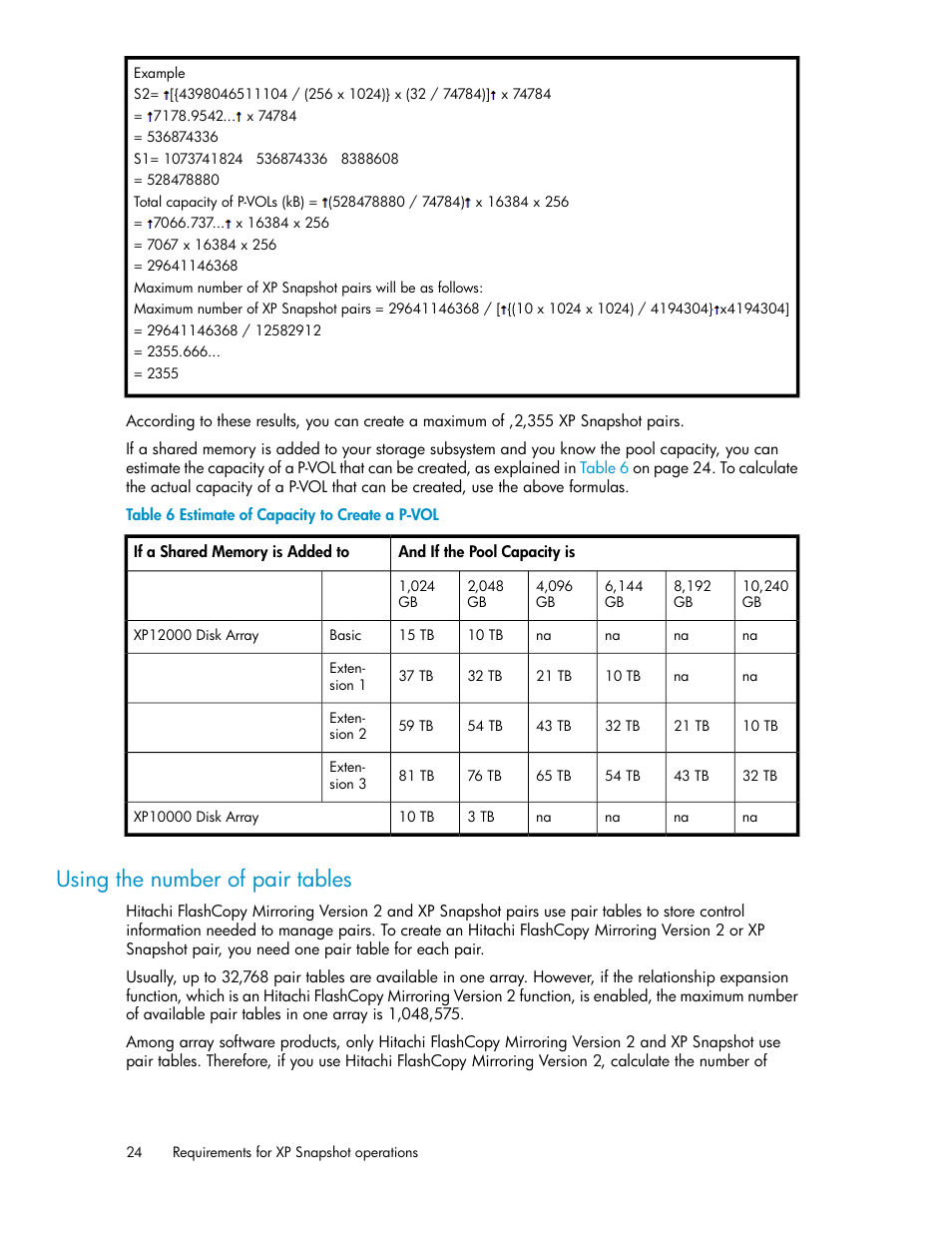 Using the number of pair tables, Estimate of capacity to create a p-vol | HP StorageWorks XP Remote Web Console Software User Manual | Page 24 / 84