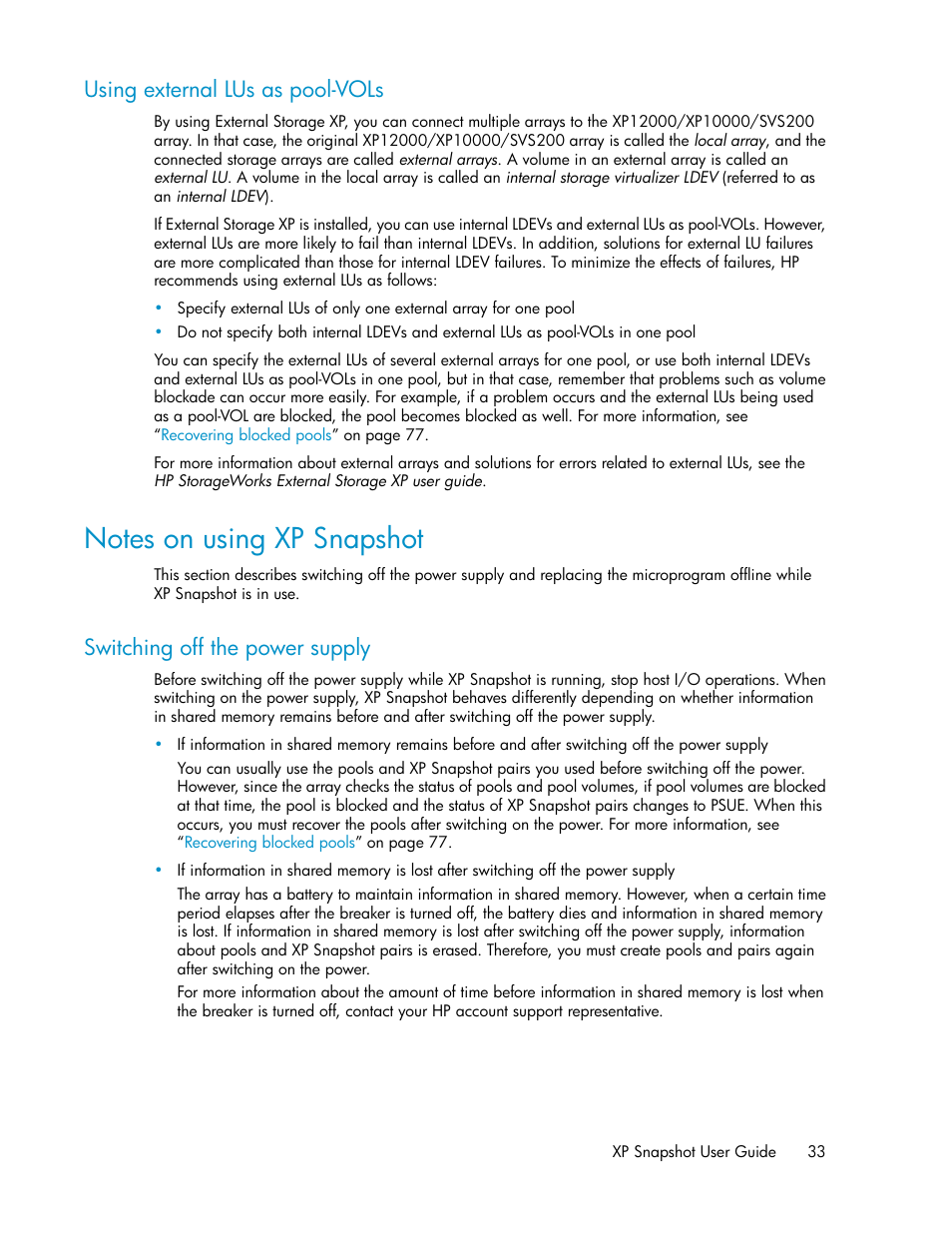 Using external lus as pool-vols, Notes on using xp snapshot, Switching off the power supply | HP StorageWorks XP Remote Web Console Software User Manual | Page 33 / 84
