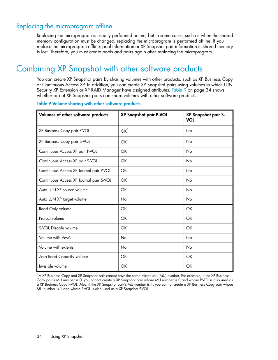 Replacing the microprogram offline, Combining xp snapshot with other software products, Volume sharing with other software products | HP StorageWorks XP Remote Web Console Software User Manual | Page 34 / 84