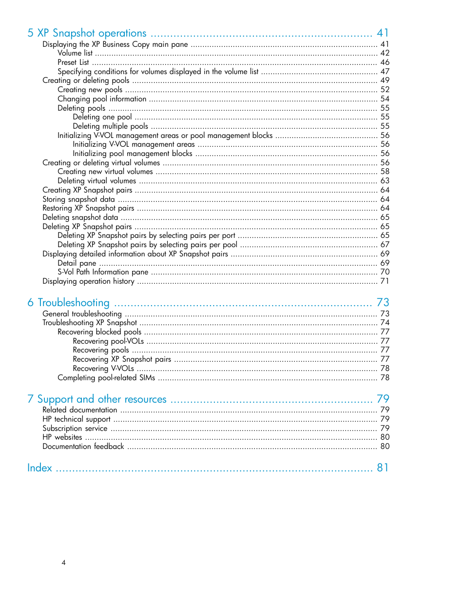 5 xp snapshot operations, 6 troubleshooting, 7 support and other resources | Index | HP StorageWorks XP Remote Web Console Software User Manual | Page 4 / 84