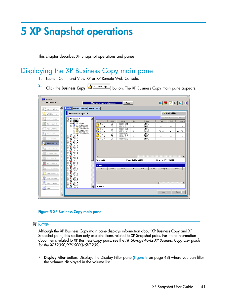 5 xp snapshot operations, Displaying the xp business copy main pane, Xp business copy main pane | HP StorageWorks XP Remote Web Console Software User Manual | Page 41 / 84