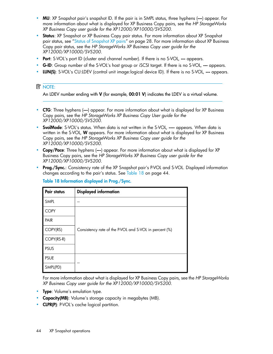Information displayed in prog./sync | HP StorageWorks XP Remote Web Console Software User Manual | Page 44 / 84