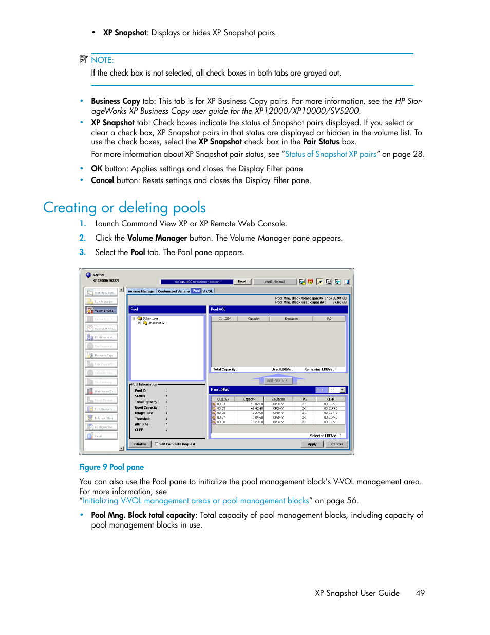 Creating or deleting pools, Pool pane | HP StorageWorks XP Remote Web Console Software User Manual | Page 49 / 84