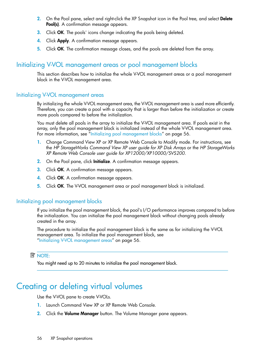 Initializing v-vol management areas, Initializing pool management blocks, Creating or deleting virtual volumes | 56 initializing pool management blocks | HP StorageWorks XP Remote Web Console Software User Manual | Page 56 / 84