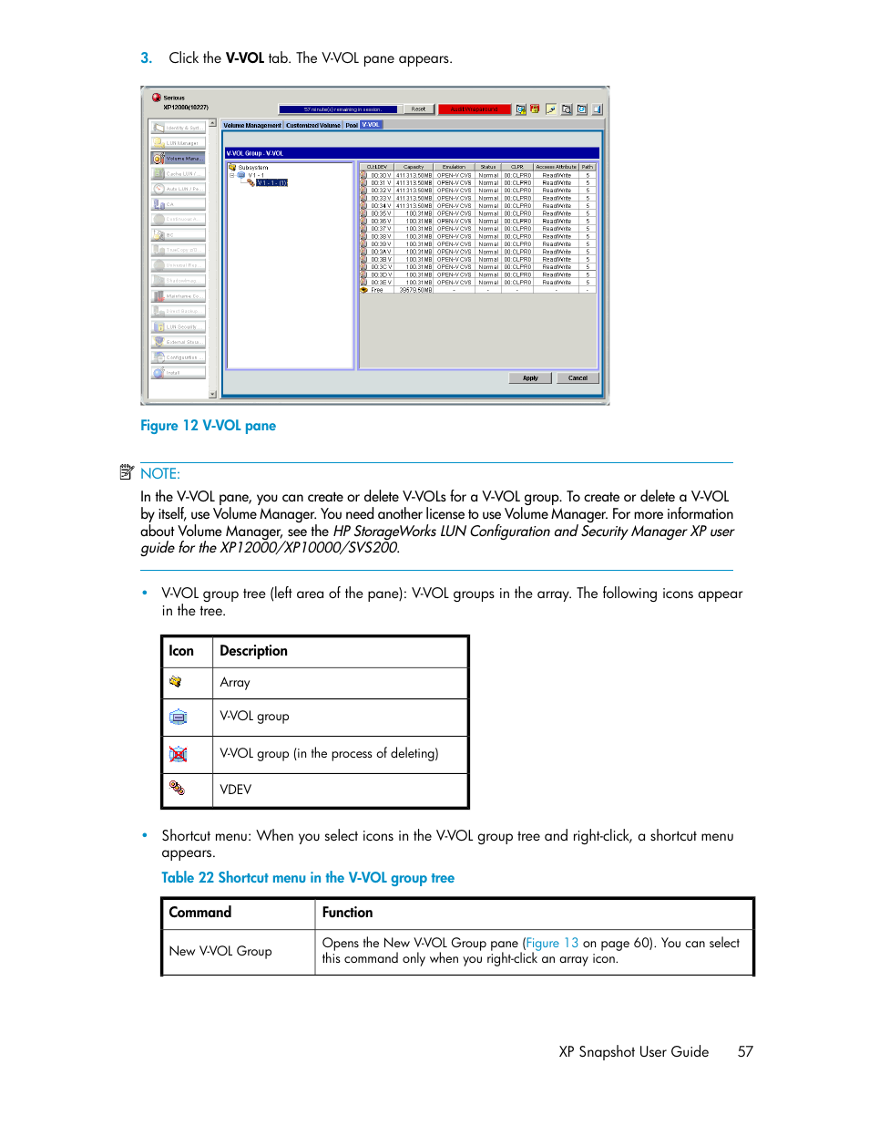 V-vol pane, Shortcut menu in the v-vol group tree | HP StorageWorks XP Remote Web Console Software User Manual | Page 57 / 84