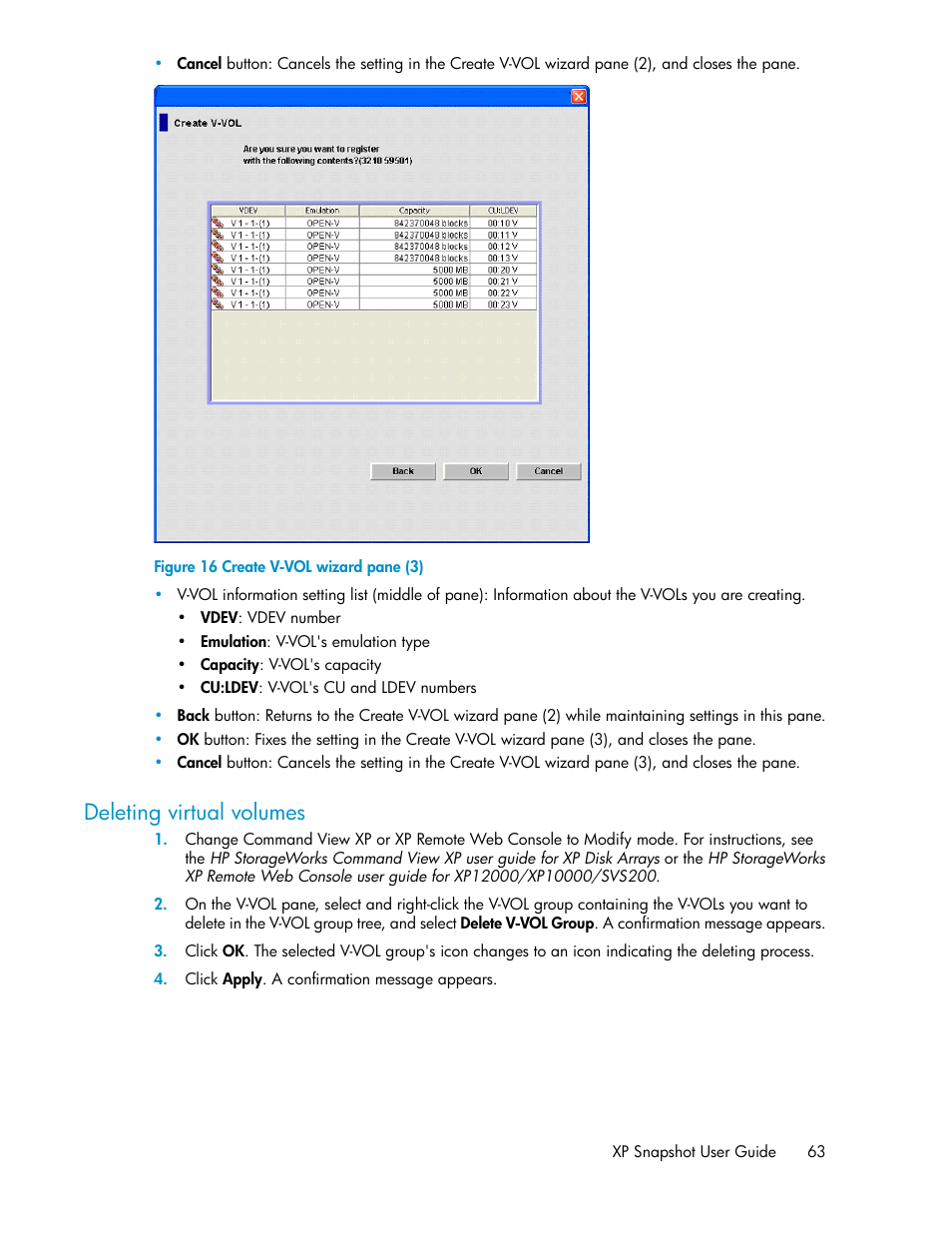 Deleting virtual volumes, Create v-vol wizard pane (3) | HP StorageWorks XP Remote Web Console Software User Manual | Page 63 / 84