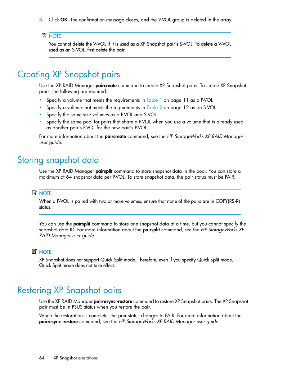Creating xp snapshot pairs, Storing snapshot data, Restoring xp snapshot pairs | 64 storing snapshot data, 64 restoring xp snapshot pairs, Creating snapshot xp pairs, Restoring snapshot xp pairs | HP StorageWorks XP Remote Web Console Software User Manual | Page 64 / 84