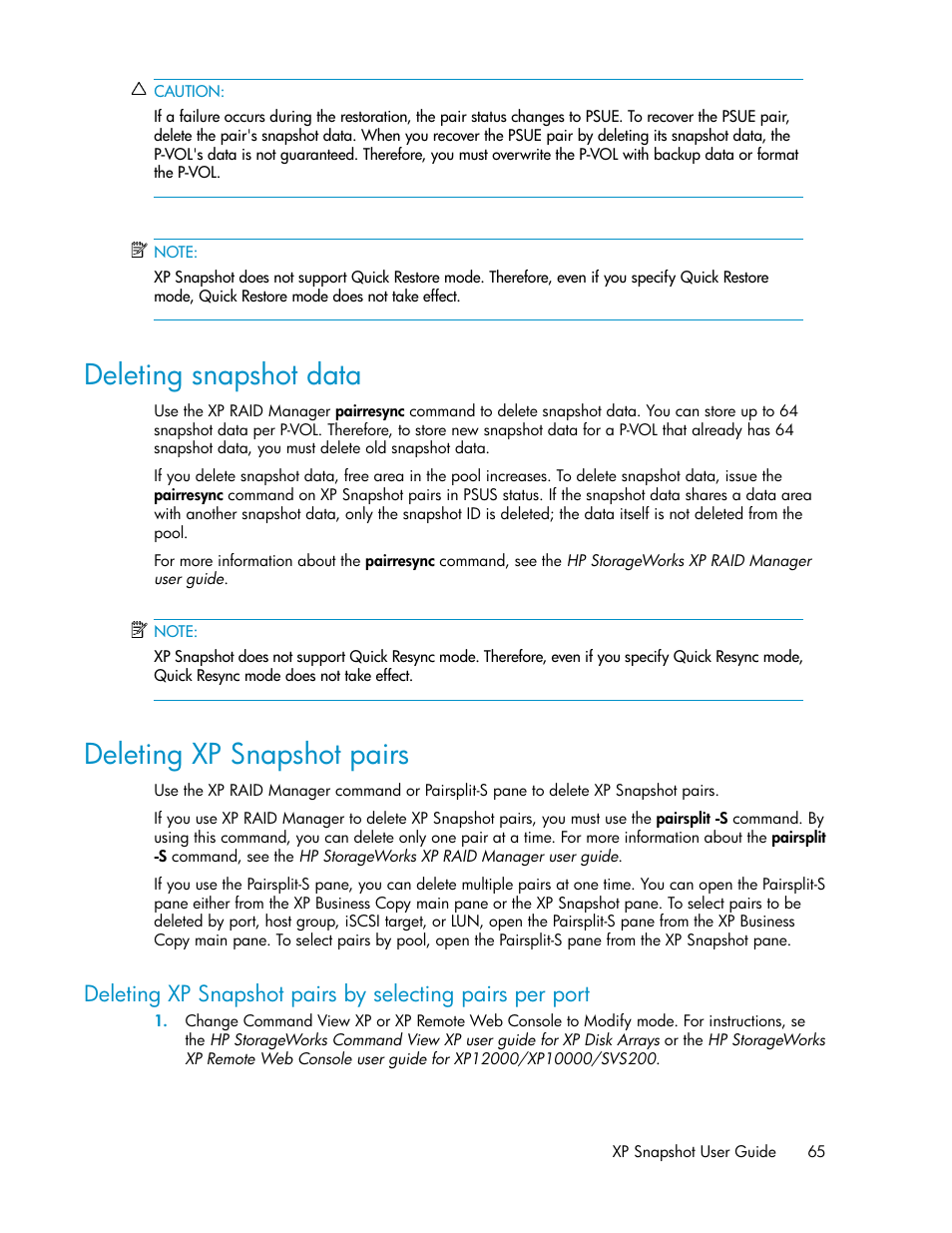 Deleting snapshot data, Deleting xp snapshot pairs, 65 deleting xp snapshot pairs | Deleting snapshot xp pairs | HP StorageWorks XP Remote Web Console Software User Manual | Page 65 / 84