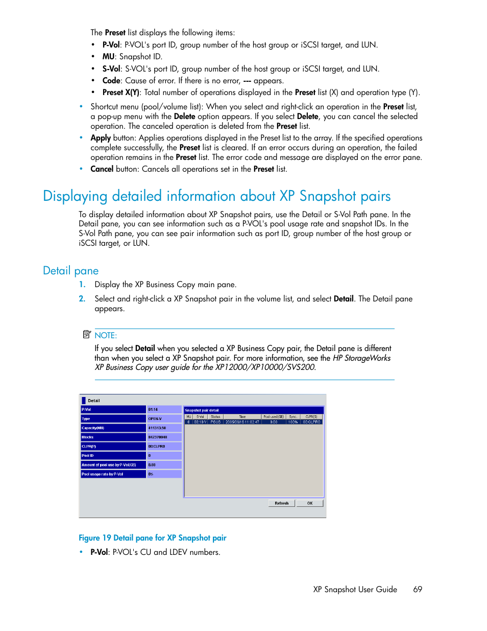 Detail pane, Detail pane for xp snapshot pair, Ail pane | Figure | HP StorageWorks XP Remote Web Console Software User Manual | Page 69 / 84