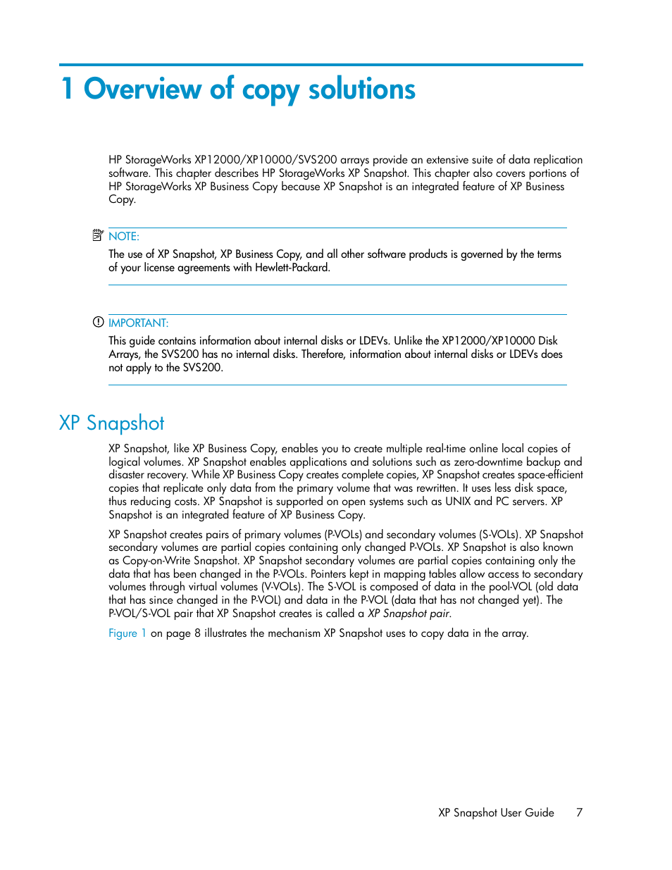 1 overview of copy solutions, Xp snapshot | HP StorageWorks XP Remote Web Console Software User Manual | Page 7 / 84