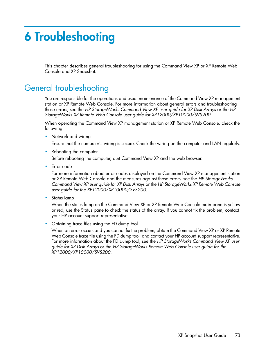 6 troubleshooting, General troubleshooting | HP StorageWorks XP Remote Web Console Software User Manual | Page 73 / 84