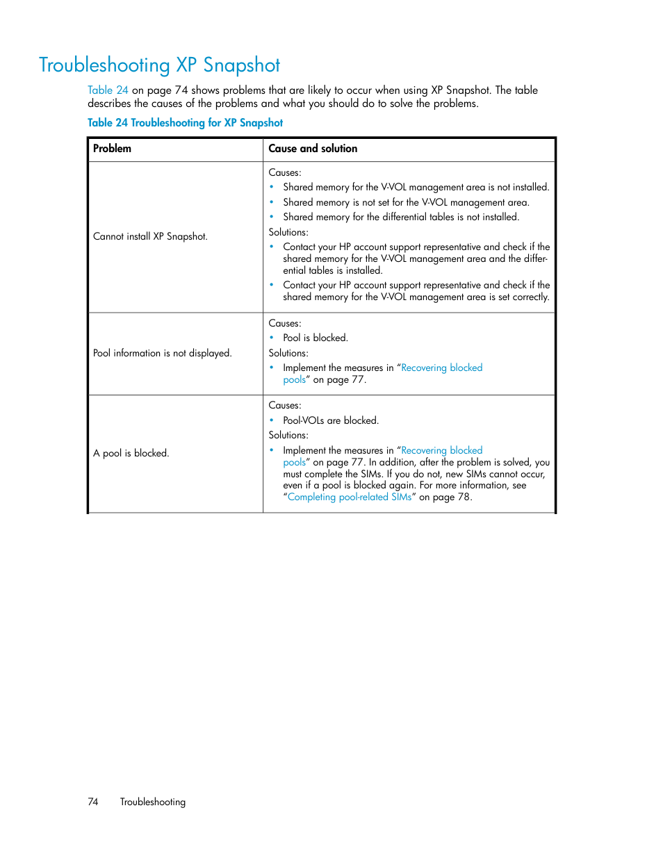 Troubleshooting xp snapshot, Troubleshooting for xp snapshot | HP StorageWorks XP Remote Web Console Software User Manual | Page 74 / 84