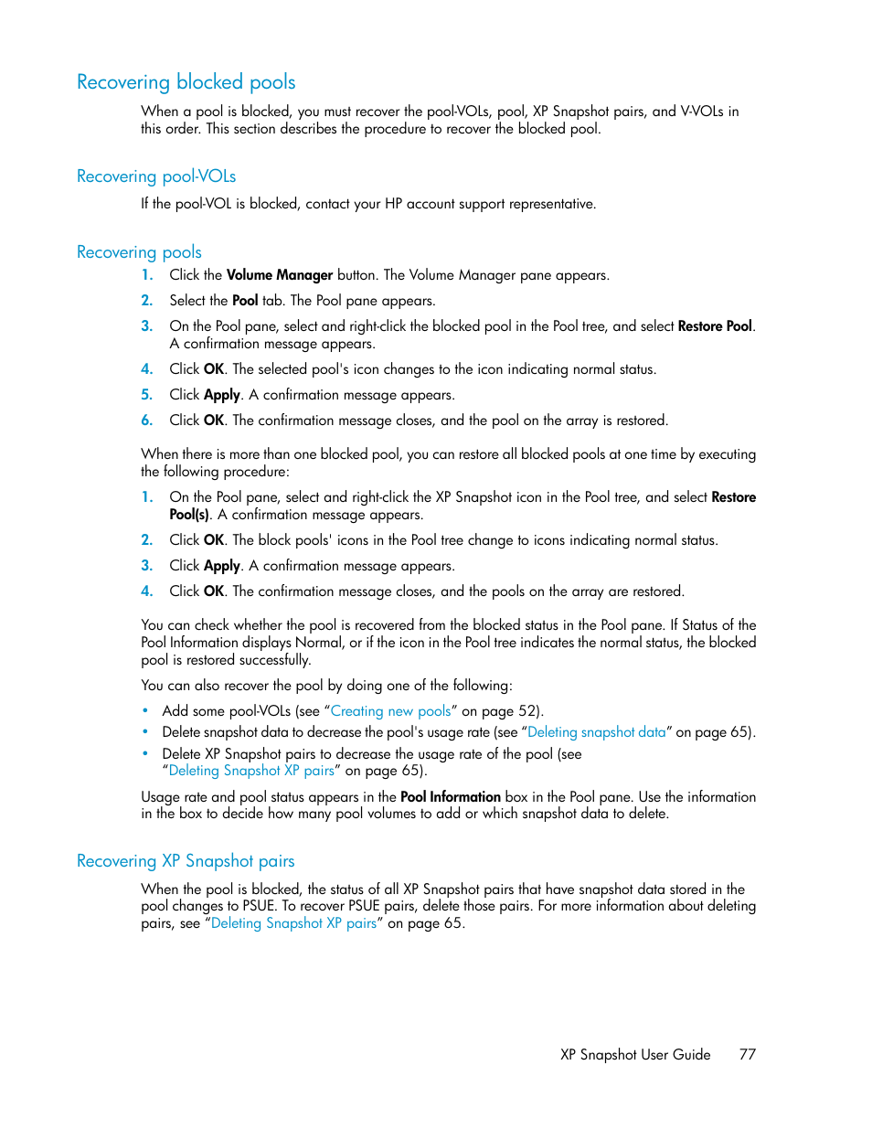 Recovering blocked pools, Recovering pool-vols, Recovering pools | Recovering xp snapshot pairs, 77 recovering pools, 77 recovering xp snapshot pairs, Recovering blocked, Pools | HP StorageWorks XP Remote Web Console Software User Manual | Page 77 / 84