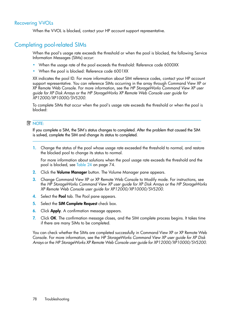 Recovering v-vols, Completing pool-related sims, Completing pool | Related sims | HP StorageWorks XP Remote Web Console Software User Manual | Page 78 / 84